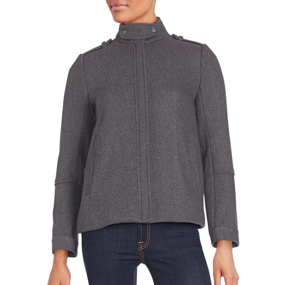VINCE Gray Wool-Blend Military Style Twill Jacket Pea Coat Zip-Up Size 2